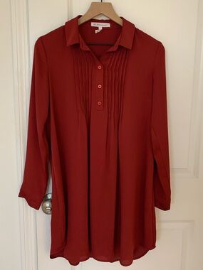 BCBGeneration Rust Red Pintuck Collared Long-Sleeve Shirt Dress - Oversize Fit
